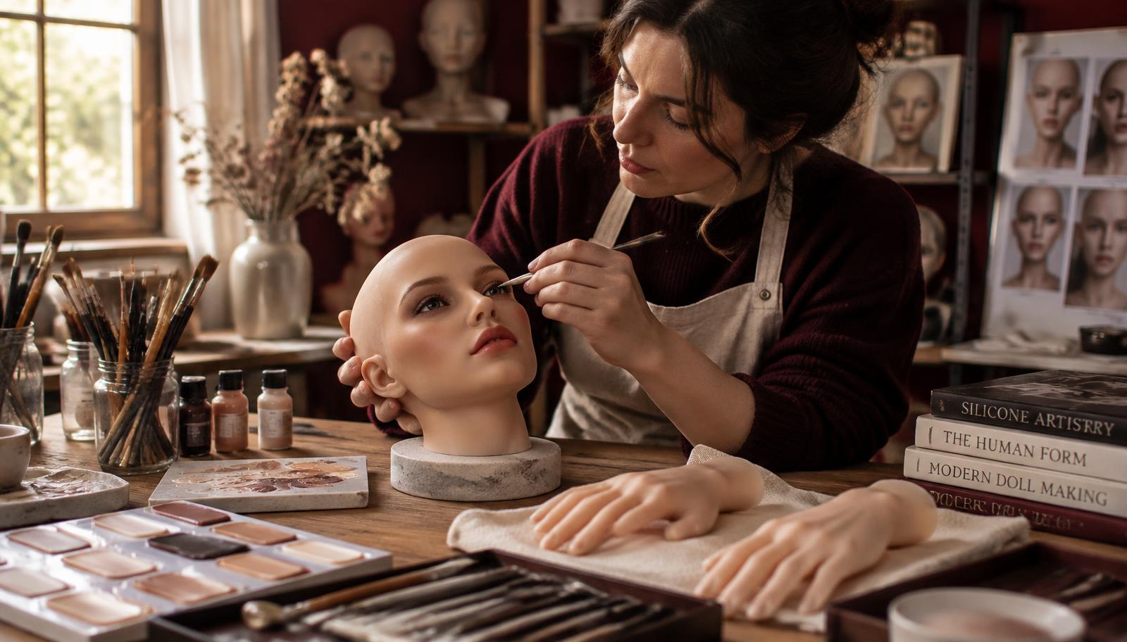 Artist hand-painting the face of a mini sex doll head in a studio